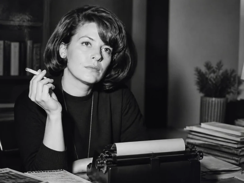 Portrait noir et blanc de l'écrivaine Marie Cardinal assise à son bureau avec une machine à écrire et une cigarette