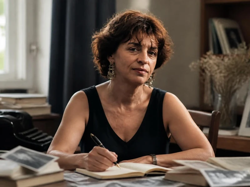 L'écrivaine Marie Chaix est assise à son bureau, écrivant dans un carnet entourée de livres et de photographies anciennes