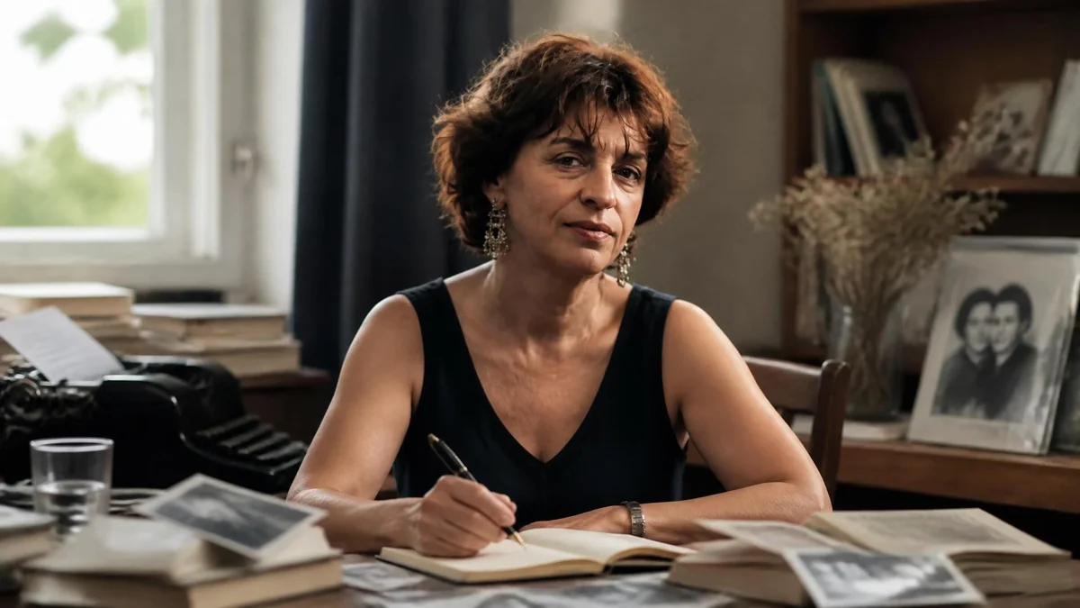 L'écrivaine Marie Chaix est assise à son bureau, écrivant dans un carnet entourée de livres et de photographies anciennes