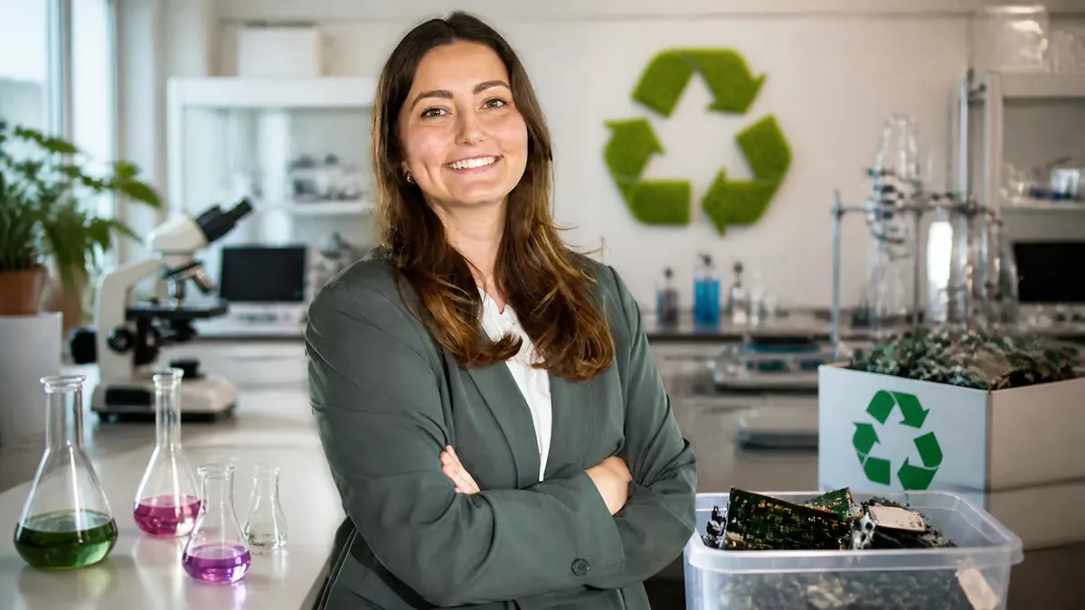 Marie Perrin pose avec assurance dans son laboratoire dédié au recyclage des métaux rares