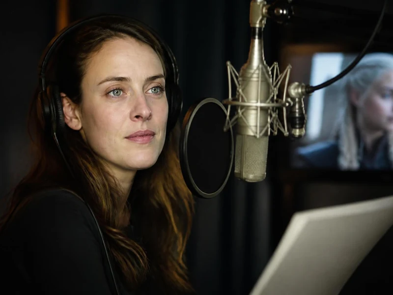 Marie Tirmont enregistre une voix off dans un studio d'enregistrement professionnel avec un casque audio