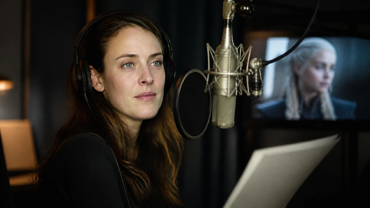 Marie Tirmont enregistre une voix off dans un studio d'enregistrement professionnel avec un casque audio