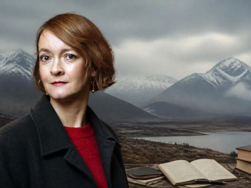 Portrait de l'autrice Marie Vingtras devant un paysage de montagnes enneigées et quelques livres posés sur une table