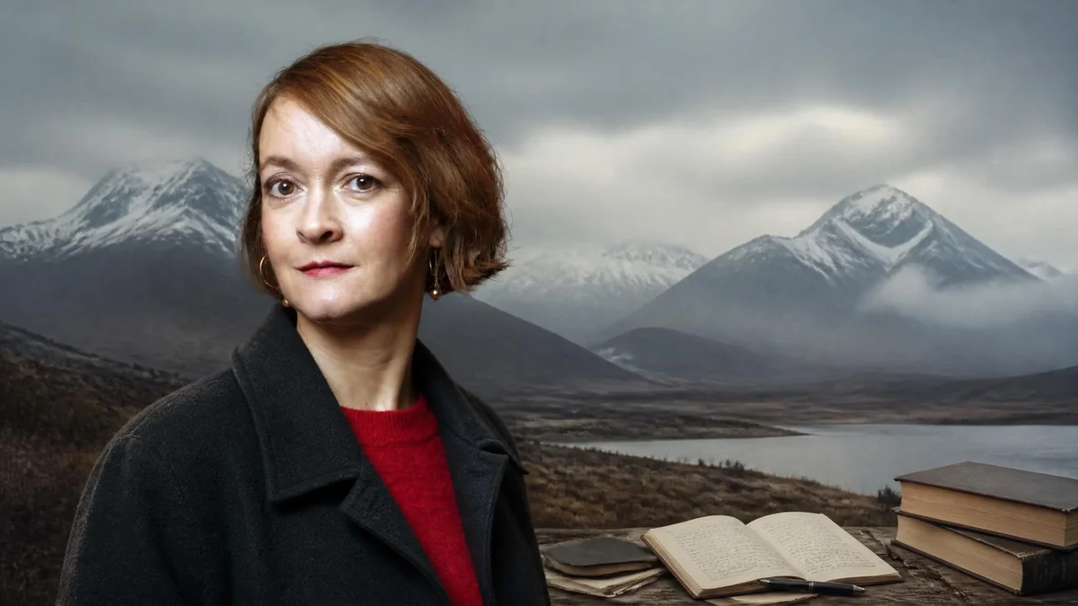 Portrait de l'autrice Marie Vingtras devant un paysage de montagnes enneigées et quelques livres posés sur une table