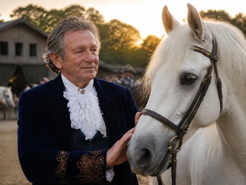 Mario Luraschi caresse un magnifique cheval blanc dans une ambiance de tournage en extérieur