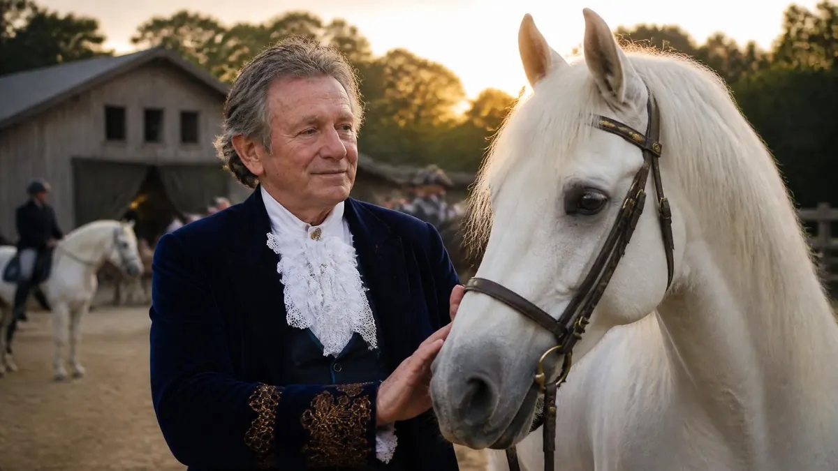 Mario Luraschi caresse un magnifique cheval blanc dans une ambiance de tournage en extérieur