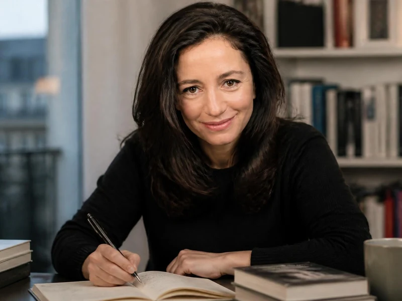 Portrait de la journaliste Marion Ruggieri souriant en écrivant à son bureau devant une bibliothèque
