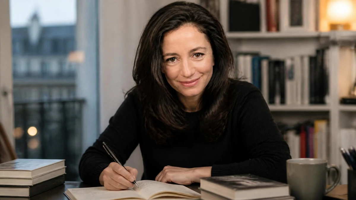 Portrait de la journaliste Marion Ruggieri souriant en écrivant à son bureau devant une bibliothèque