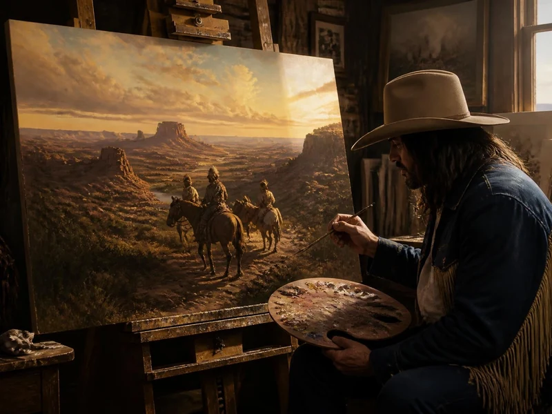 L'artiste mark maggiori peint un paysage du Far West dans son atelier baigné de lumière
