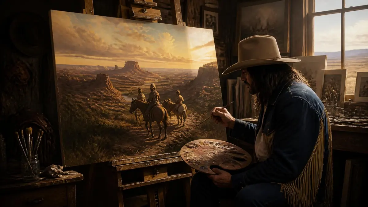 L'artiste mark maggiori peint un paysage du Far West dans son atelier baigné de lumière