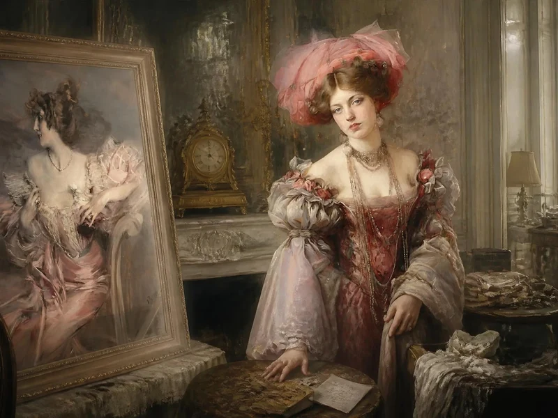 Portrait élégant de Marthe de Florian posant devant sa propre peinture dans un intérieur parisien raffiné