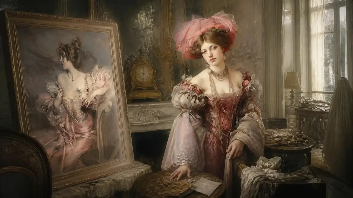Portrait élégant de Marthe de Florian posant devant sa propre peinture dans un intérieur parisien raffiné