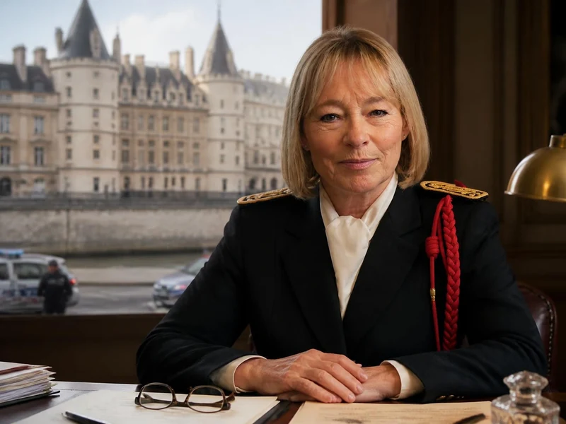 Martine Monteil en uniforme de policière assise à son bureau avec le palais de justice de Paris en arrière-plan