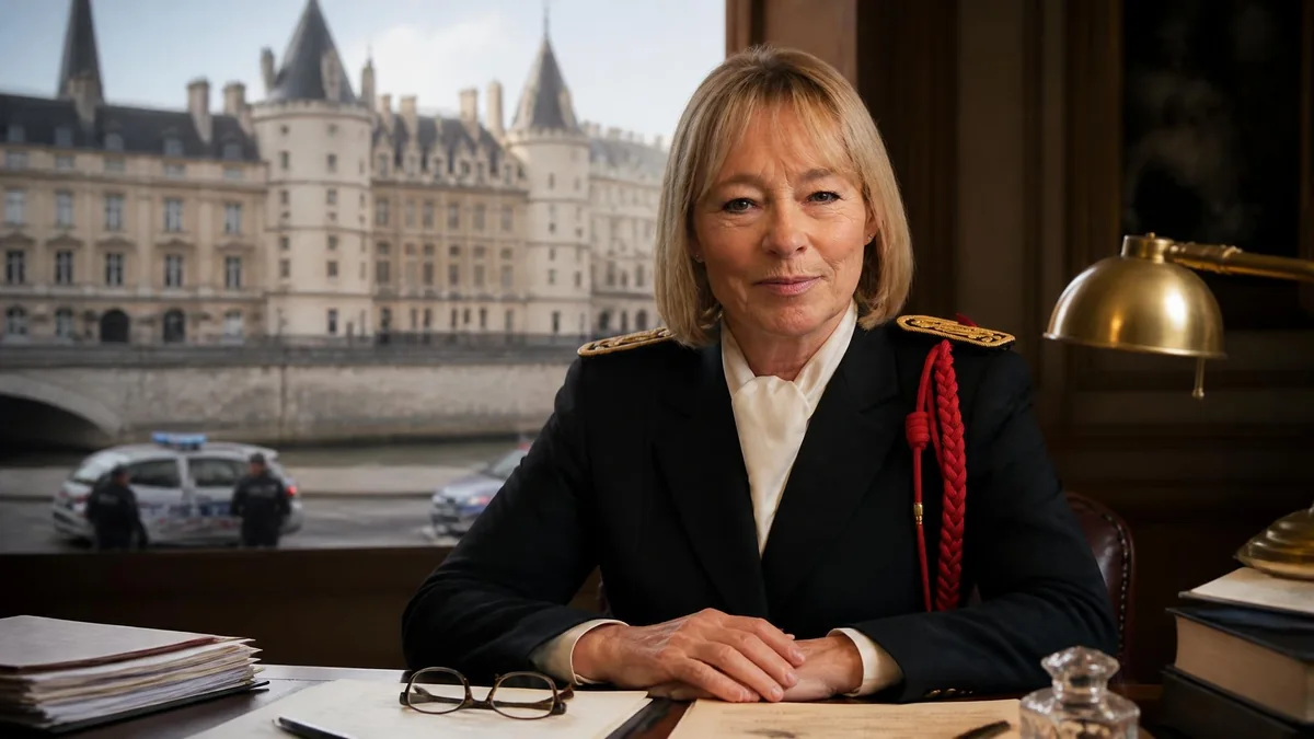 Martine Monteil en uniforme de policière assise à son bureau avec le palais de justice de Paris en arrière-plan