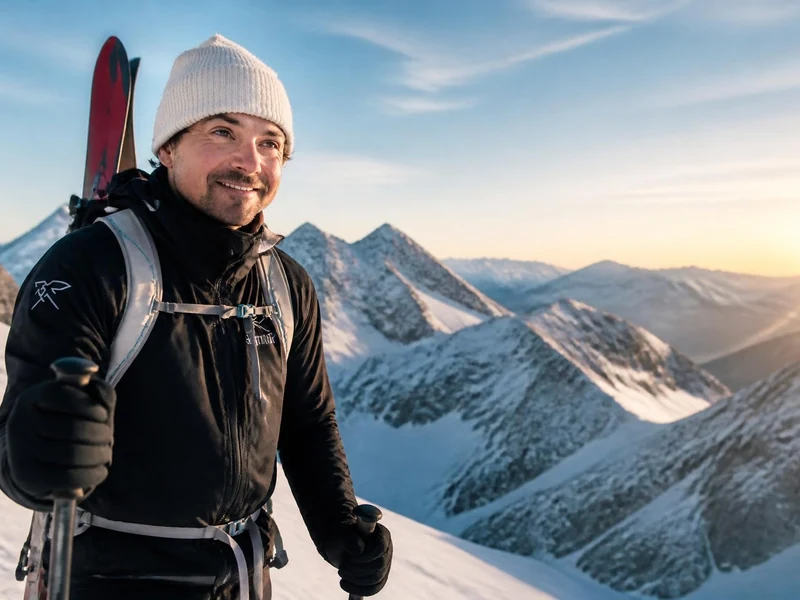 Mathéo Jacquemoud sourit en randonnée à ski dans un paysage de haute montagne enneigée au lever du soleil