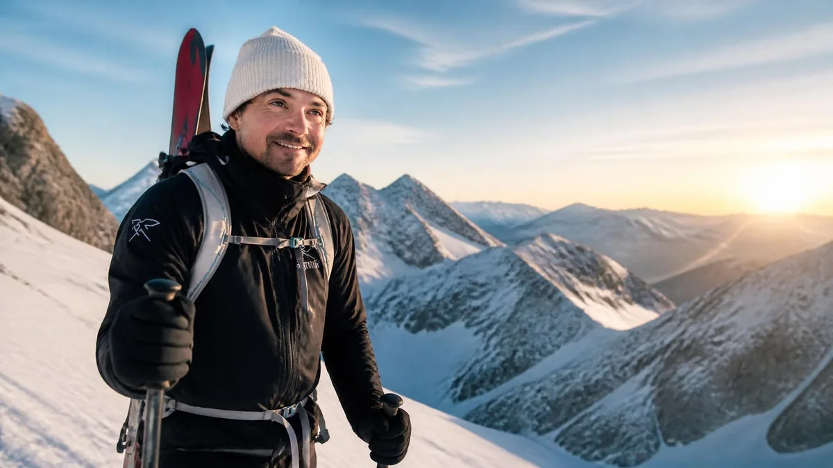 Mathéo Jacquemoud sourit en randonnée à ski dans un paysage de haute montagne enneigée au lever du soleil