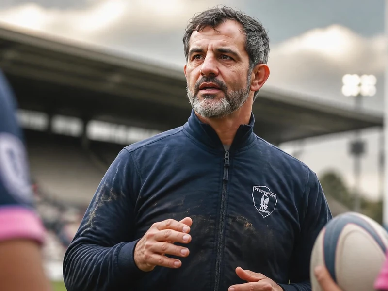 Mathieu Blin s'adresse à ses joueurs sur un terrain de rugby lors d'un entraînement