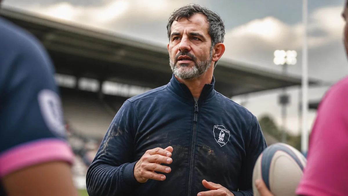 Mathieu Blin s'adresse à ses joueurs sur un terrain de rugby lors d'un entraînement