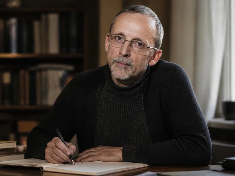 Portrait de l'écrivain Mathieu Riboulet assis à son bureau en train d'écrire devant une bibliothèque