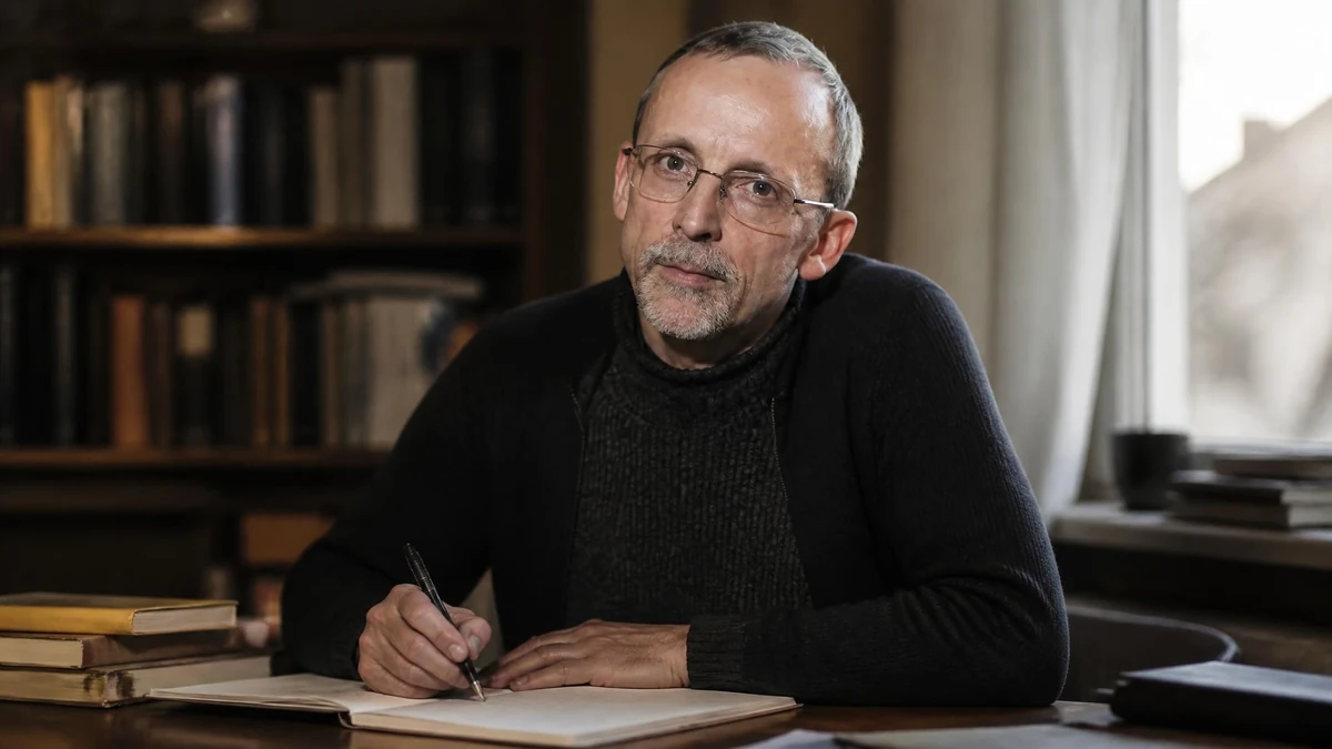 Portrait de l'écrivain Mathieu Riboulet assis à son bureau en train d'écrire devant une bibliothèque