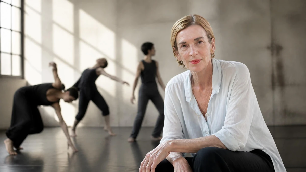 Portrait de la chorégraphe Mathilde Monnier observant des danseurs en répétition dans un studio