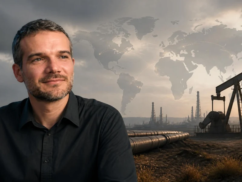 Portrait de Matthieu Auzanneau devant une installation pétrolière et une carte du monde