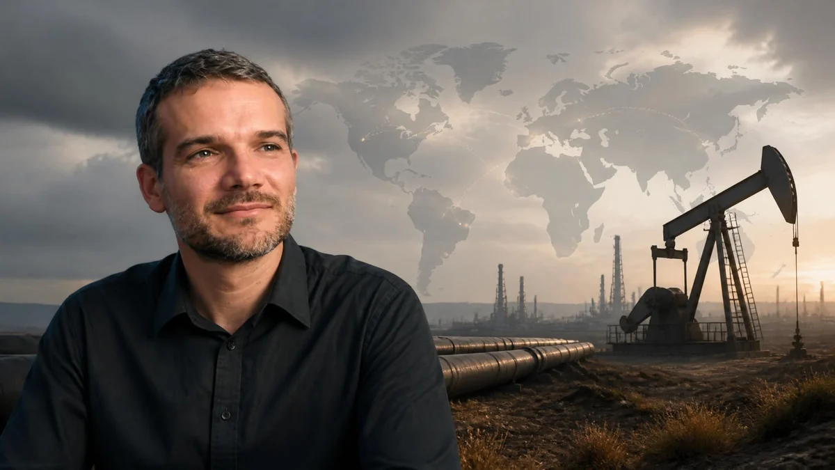 Portrait de Matthieu Auzanneau devant une installation pétrolière et une carte du monde