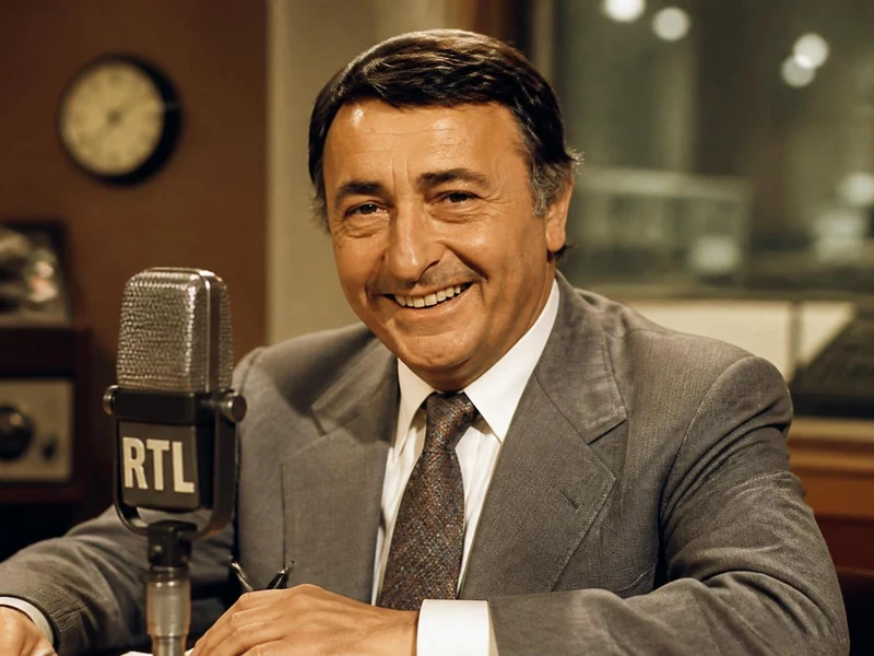 Maurice Favières souriant devant un micro dans un studio de radio