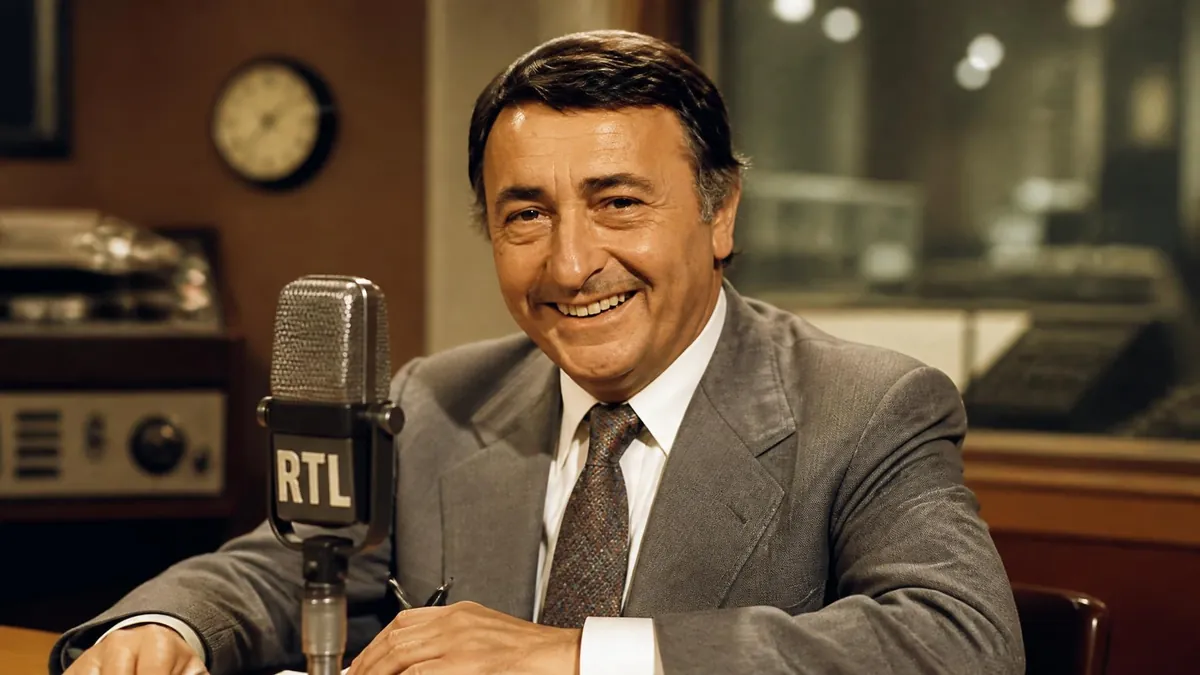 Maurice Favières souriant devant un micro dans un studio de radio