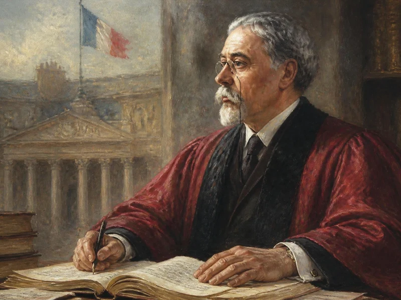 Portrait peint de Maurice Hauriou en robe universitaire écrivant à son bureau devant un bâtiment officiel