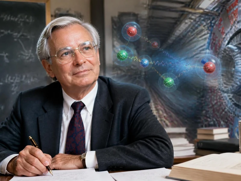 Le physicien Maurice Jacob travaille à son bureau devant un tableau noir avec des particules en arrière-plan