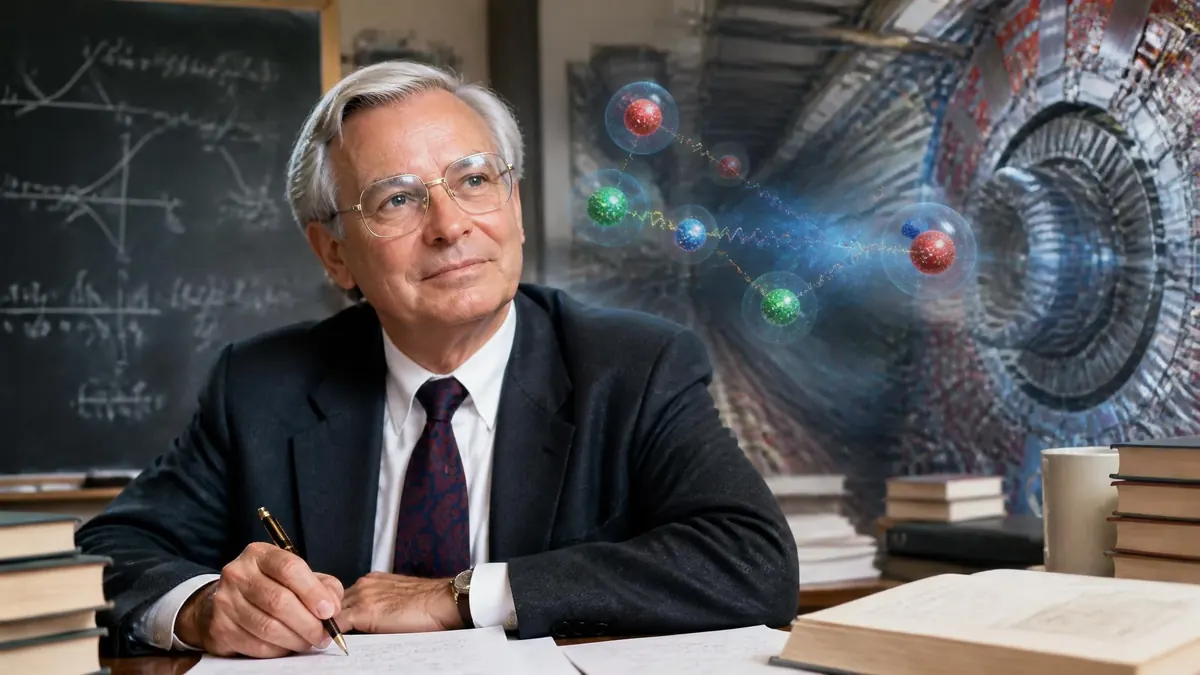 Le physicien Maurice Jacob travaille à son bureau devant un tableau noir avec des particules en arrière-plan