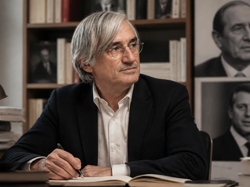 Maurice Szafran écrit à son bureau devant une bibliothèque et des portraits de personnalités politiques