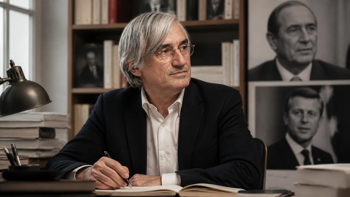 Maurice Szafran écrit à son bureau devant une bibliothèque et des portraits de personnalités politiques
