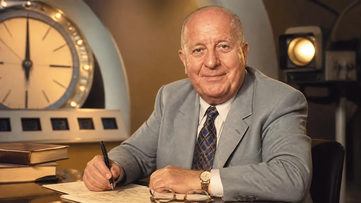 Portrait de Max Favalelli assis à son bureau devant une horloge de jeu télévisé