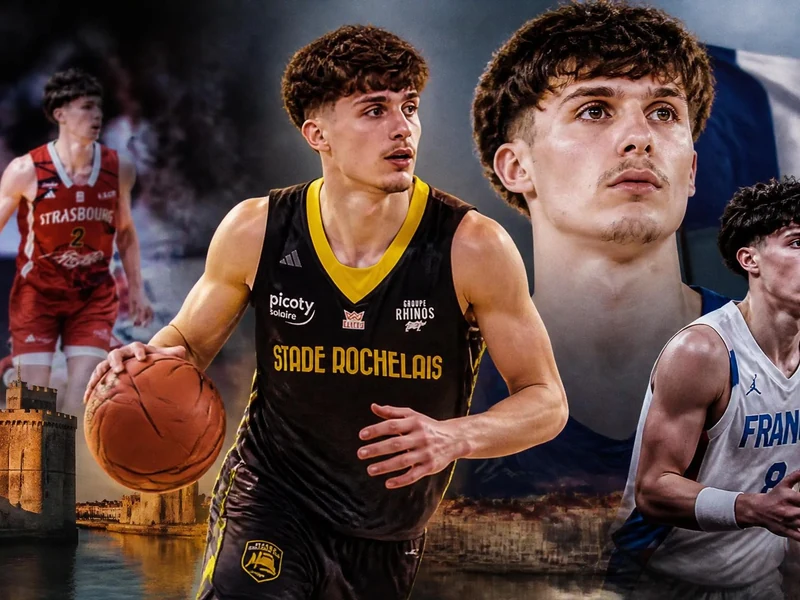 Montage photo du jeune basketteur français Maxence Lemoine portant ses différents maillots de match