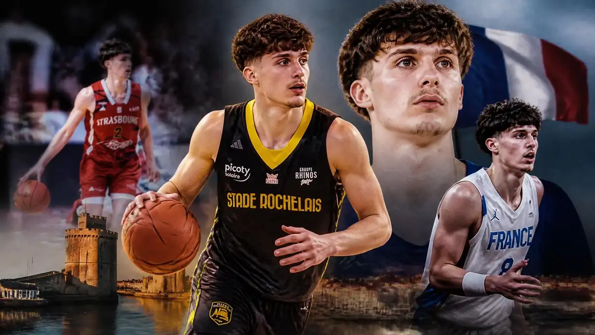 Montage photo du jeune basketteur français Maxence Lemoine portant ses différents maillots de match