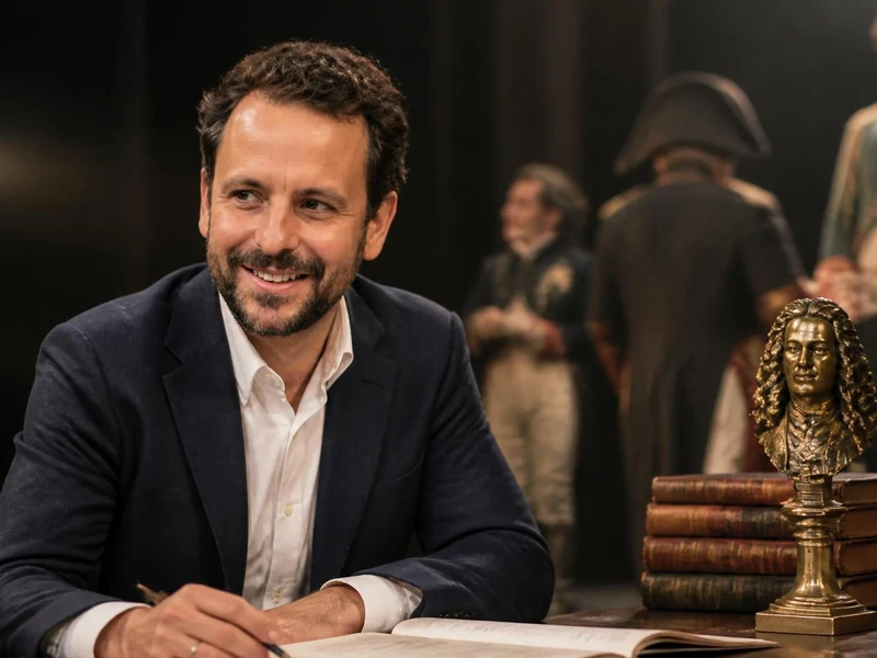Maxime d'Aboville sourit en écrivant à son bureau, entouré de livres et d'une statuette de Molière