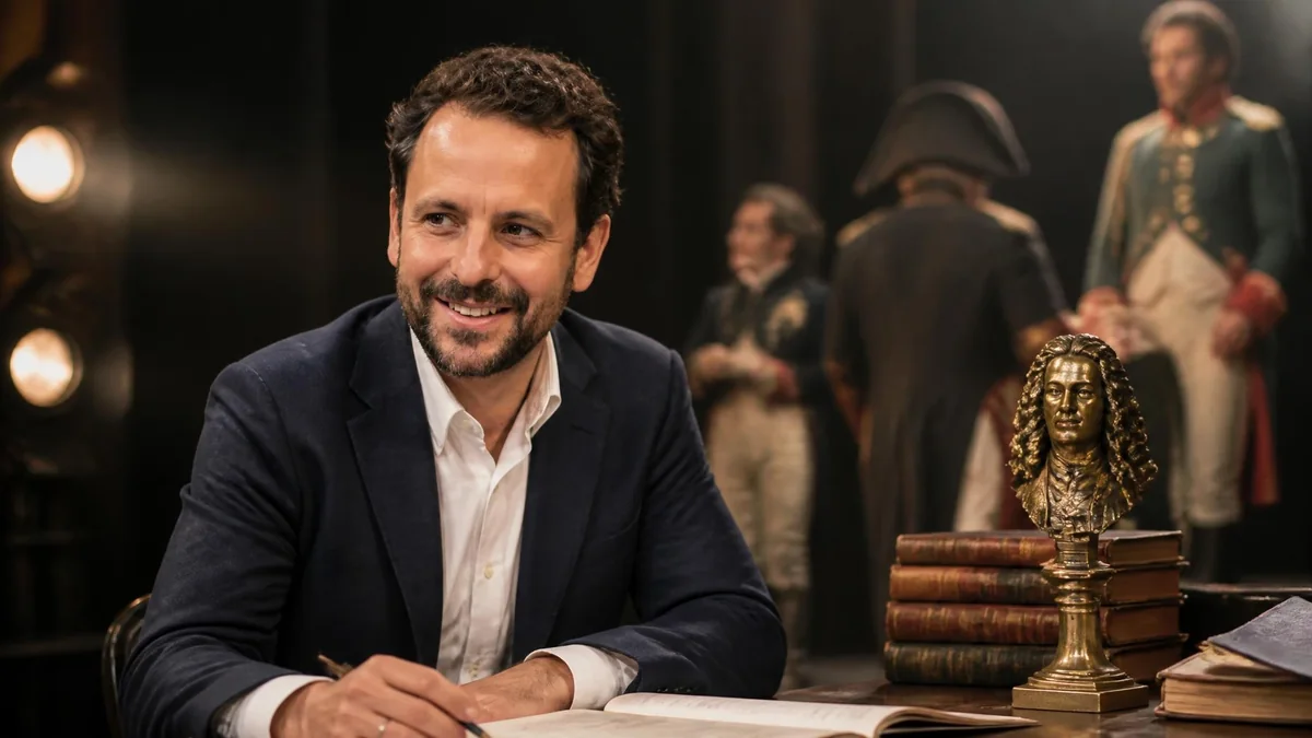 Maxime d'Aboville sourit en écrivant à son bureau, entouré de livres et d'une statuette de Molière