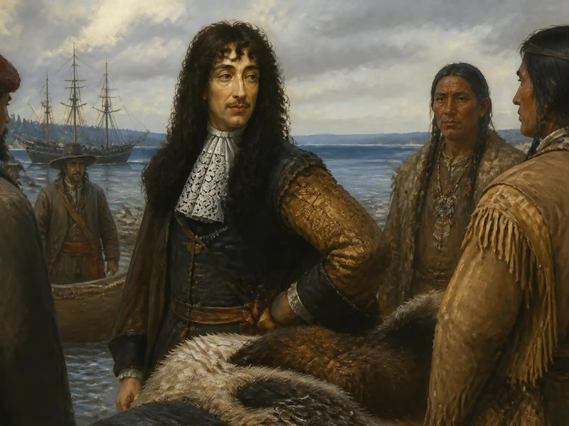 Peinture représentant Médard Chouart des Groseilliers en discussion avec des autochtones près d'un navire