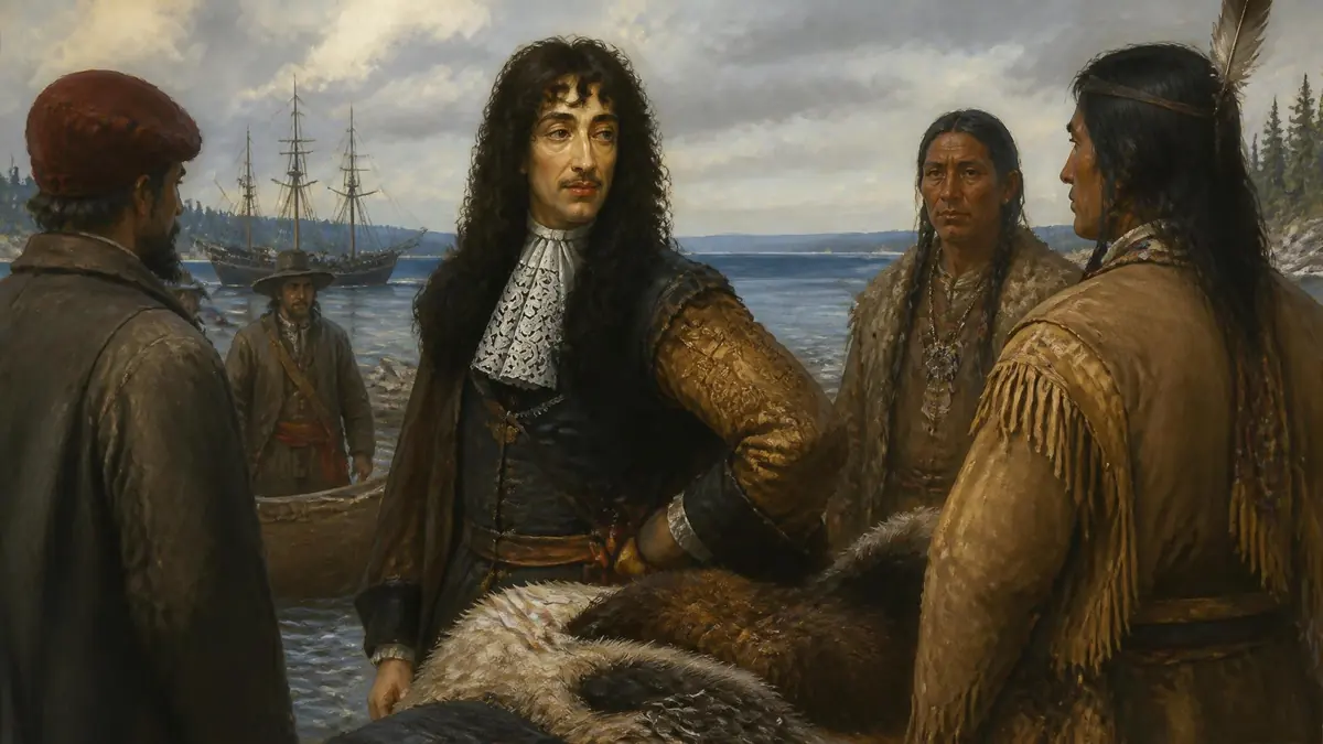 Peinture représentant Médard Chouart des Groseilliers en discussion avec des autochtones près d'un navire
