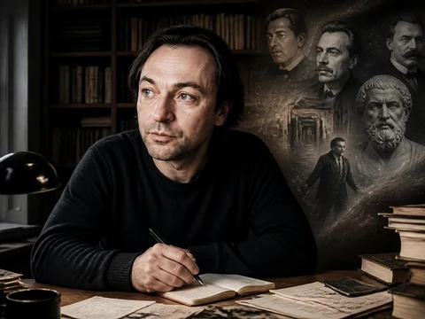 Le philosophe Mehdi Belhaj Kacem écrit à son bureau entouré de portraits d'intellectuels et de livres