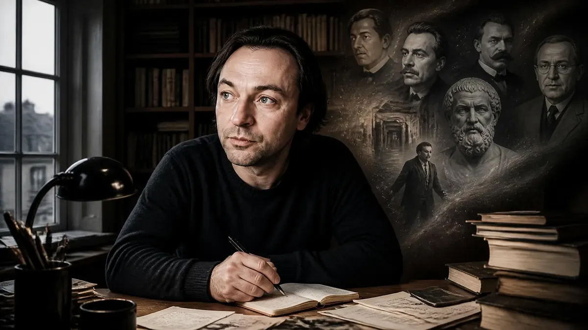 Le philosophe Mehdi Belhaj Kacem écrit à son bureau entouré de portraits d'intellectuels et de livres