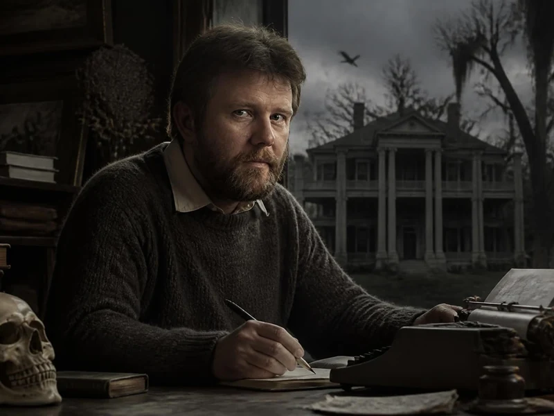 Portrait de l'écrivain Michael McDowell travaillant à son bureau devant une demeure sombre et mystérieuse