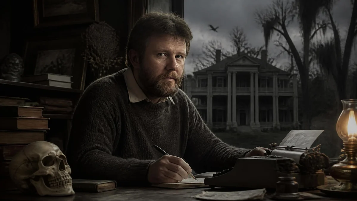Portrait de l'écrivain Michael McDowell travaillant à son bureau devant une demeure sombre et mystérieuse