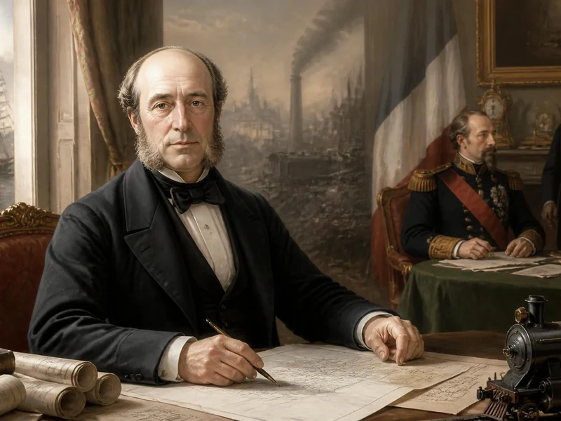Portrait de l'économiste Michel Chevalier travaillant sur des plans dans un bureau avec des symboles de progrès industriel