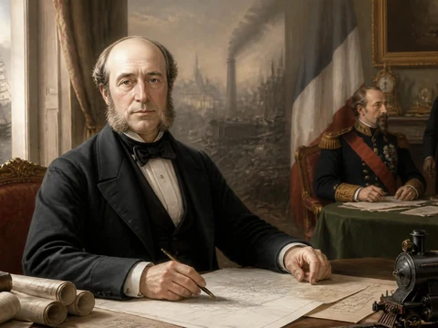 Portrait de l'économiste Michel Chevalier travaillant sur des plans dans un bureau avec des symboles de progrès industriel