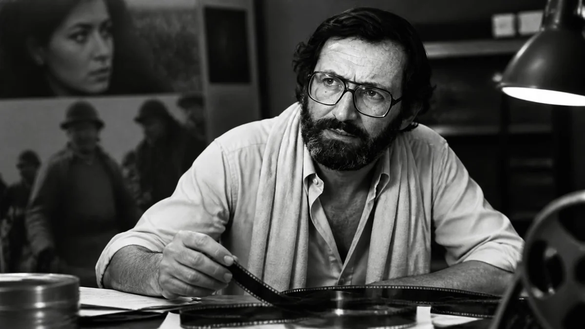 Portrait en noir et blanc du réalisateur Michel Drach en train de manipuler une pellicule de film