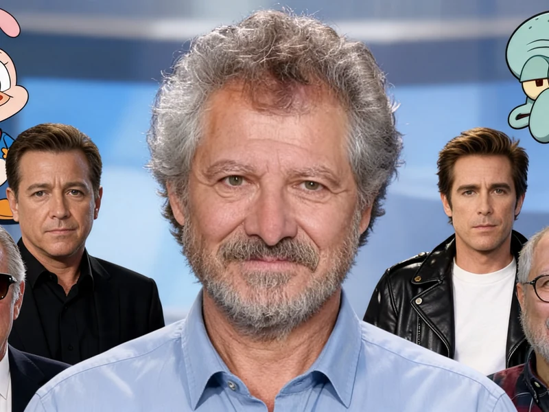 Portrait du comédien Michel Mella entouré de certains personnages qu'il a doublés à l'écran