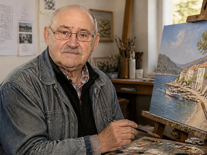 Michel Moreau travaille sur une toile représentant un paysage côtier dans son atelier de peinture